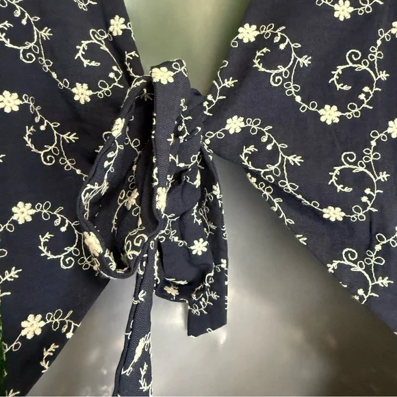 Francesca's Collection Gena Tie Back Embroidered Navy Puff Sleeve Mini Dress - Picture 11 of 16